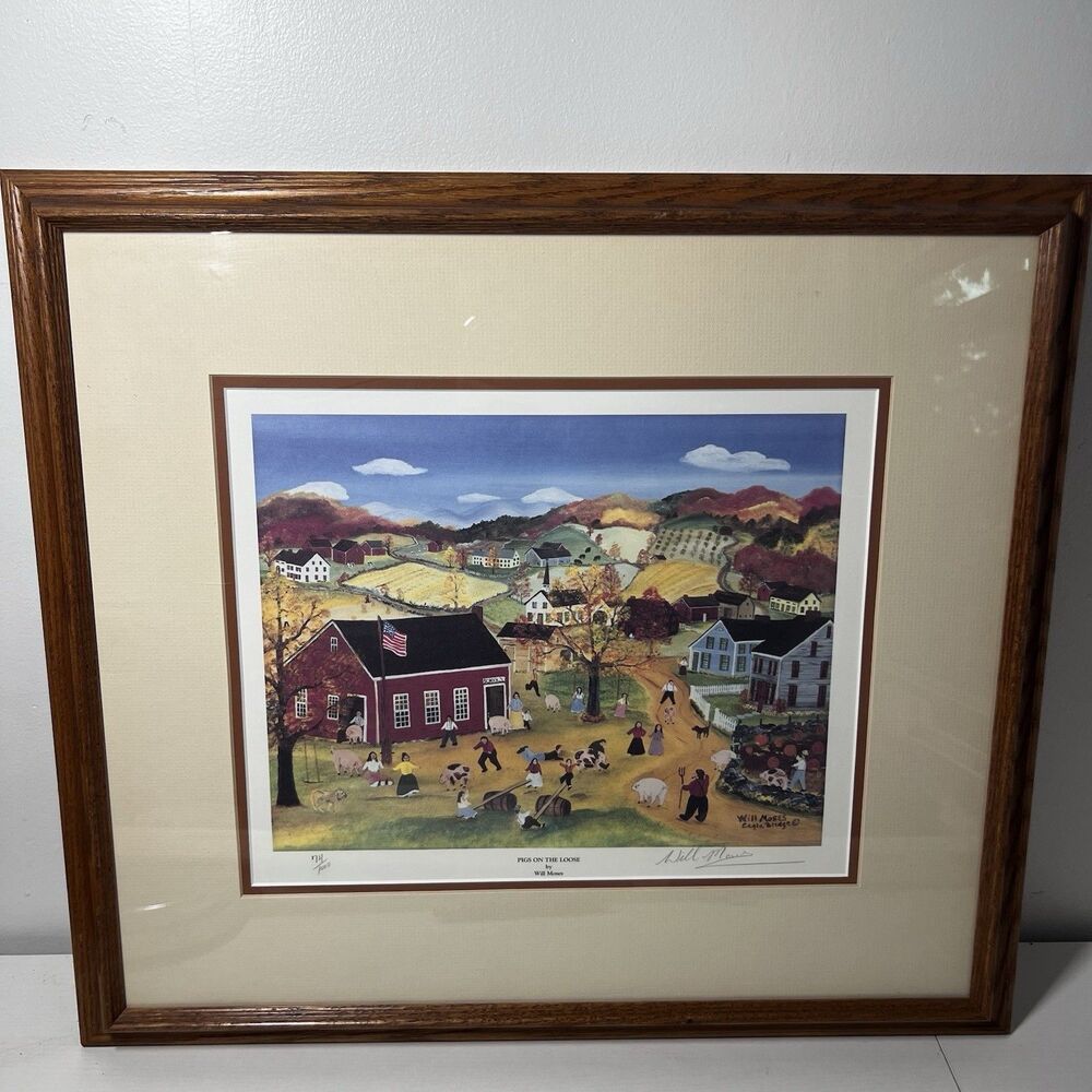 Will Moses "Pigs on the Loose" Signed Lithograph Framed Matted Folk Art 74/1000